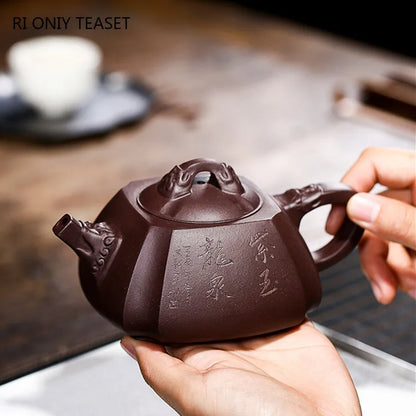 330ml Chinese Yixing Purple Clay Teapots Master Hand Carved Square Tea Pot Raw Ore Purple Mud Kettle Handmade Zisha Tea Set