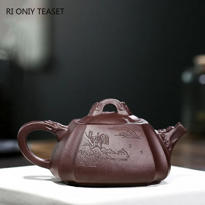 330ml Chinese Yixing Purple Clay Teapots Master Hand Carved Square Tea Pot Raw Ore Purple Mud Kettle Handmade Zisha Tea Set