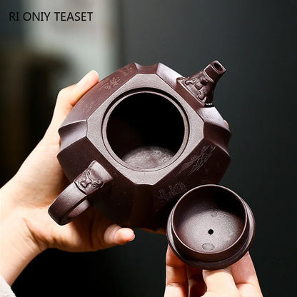 330ml Chinese Yixing Purple Clay Teapots Master Hand Carved Square Tea Pot Raw Ore Purple Mud Kettle Handmade Zisha Tea Set