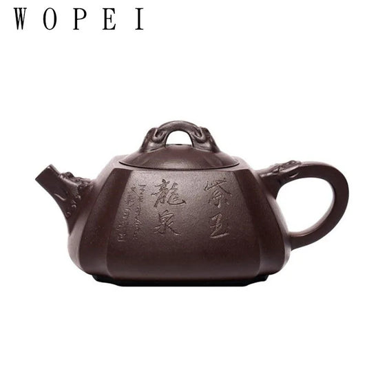 330ml Yixing Purple Clay Teapot Master Hand Carved Square Tea Pot Raw Ore Purple Mud Kettle Authentic Handmade Zisha Tea Set