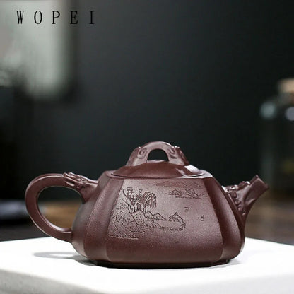 330ml Yixing Purple Clay Teapot Master Hand Carved Square Tea Pot Raw Ore Purple Mud Kettle Authentic Handmade Zisha Tea Set
