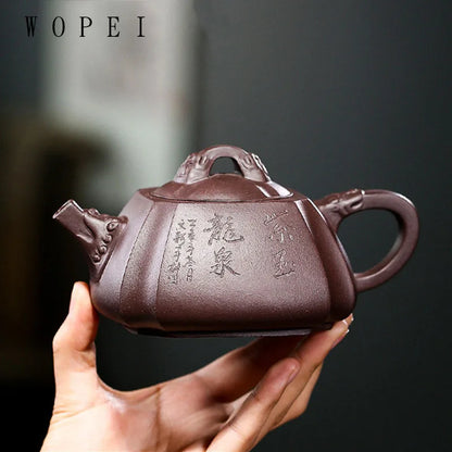 330ml Yixing Purple Clay Teapot Master Hand Carved Square Tea Pot Raw Ore Purple Mud Kettle Authentic Handmade Zisha Tea Set