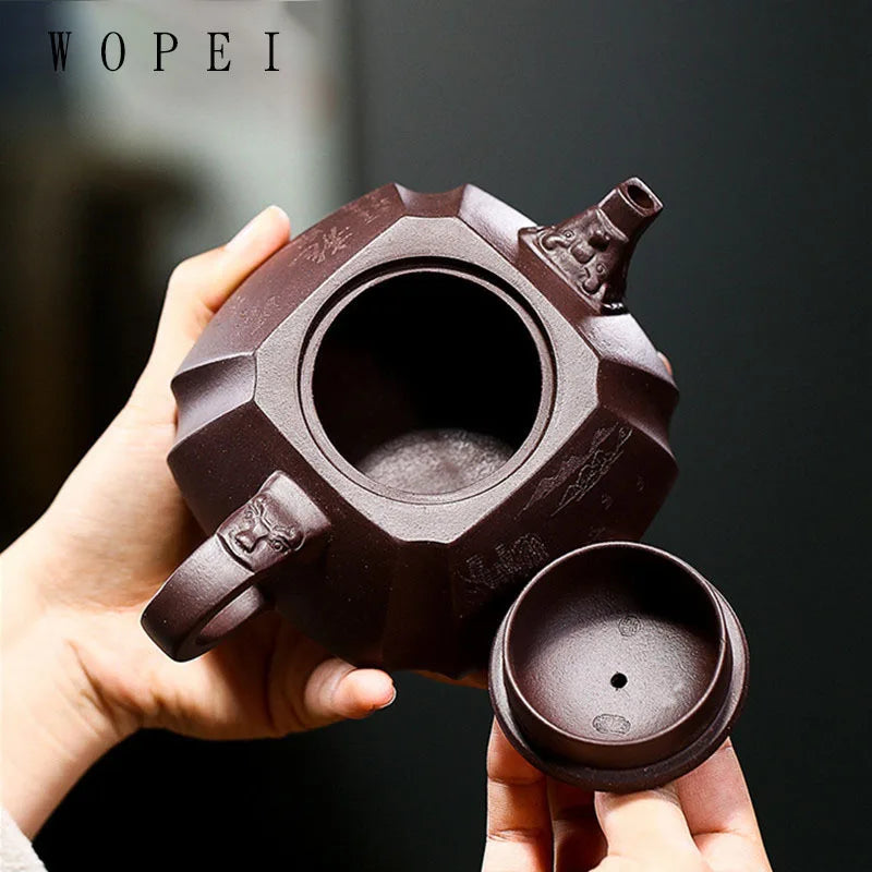 330ml Yixing Purple Clay Teapot Master Hand Carved Square Tea Pot Raw Ore Purple Mud Kettle Authentic Handmade Zisha Tea Set