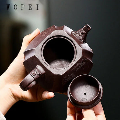 330ml Yixing Purple Clay Teapot Master Hand Carved Square Tea Pot Raw Ore Purple Mud Kettle Authentic Handmade Zisha Tea Set