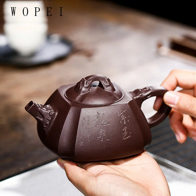 330ml Yixing Purple Clay Teapot Master Hand Carved Square Tea Pot Raw Ore Purple Mud Kettle Authentic Handmade Zisha Tea Set