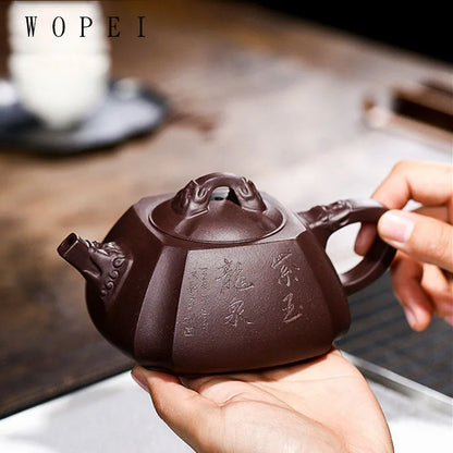 330ml Yixing Purple Clay Teapot Master Hand Carved Square Tea Pot Raw Ore Purple Mud Kettle Authentic Handmade Zisha Tea Set
