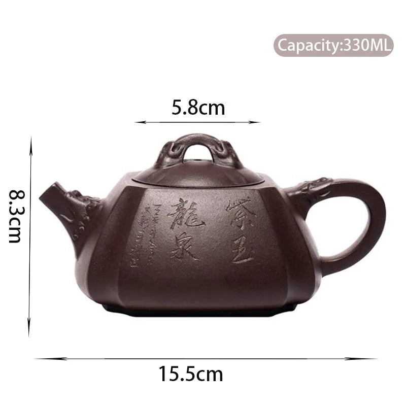 330ml Yixing Purple Clay Teapot Master Hand Carved Square Tea Pot Raw Ore Purple Mud Kettle Authentic Handmade Zisha Tea Set