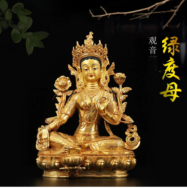 33CM Large buddha statue # Nepal Tibetan Buddhism Guanyin Bodhisattva Green Tara Buddha Gold-plated brass statue HOME Talisman