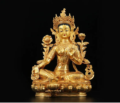 33CM Large buddha statue # Nepal Tibetan Buddhism Guanyin Bodhisattva Green Tara Buddha Gold-plated brass statue HOME Talisman