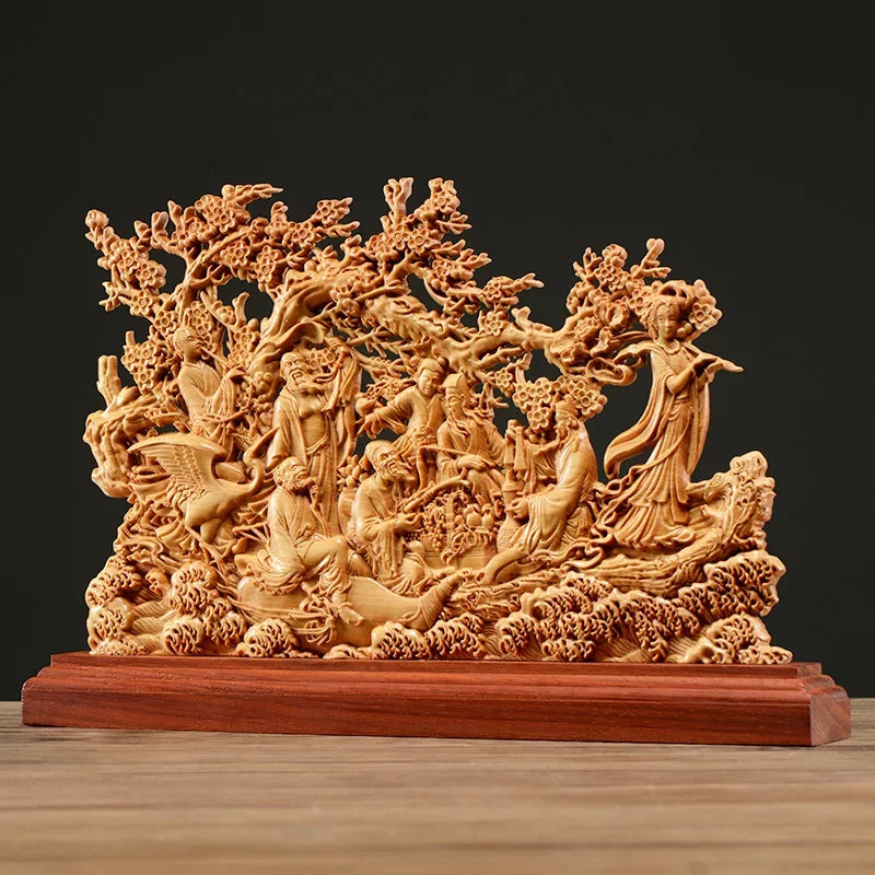 33CM Thuja Wood Eight Immortals Sculpture Decor Dish Hollow Wood God of Wealth  Carving Lucky Gift Home Decor