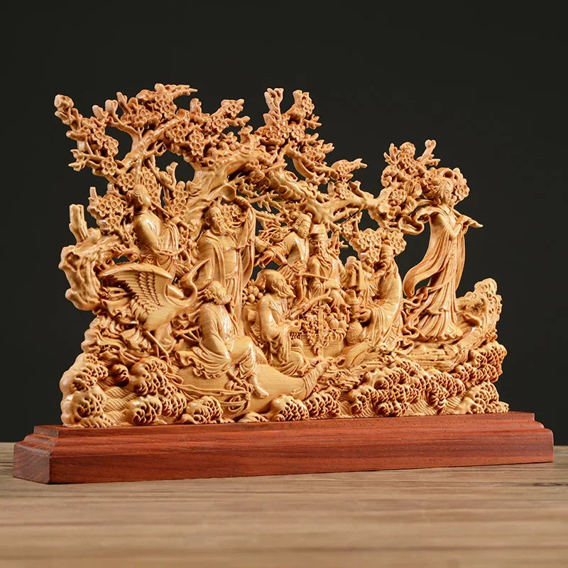33CM Thuja Wood Eight Immortals Sculpture Decor Dish Hollow Wood God of Wealth  Carving Lucky Gift Home Decor