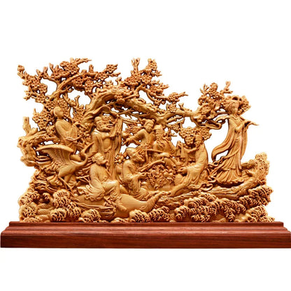 33CM Thuja Wood Eight Immortals Sculpture Decor Dish Hollow Wood God of Wealth  Carving Lucky Gift Home Decor