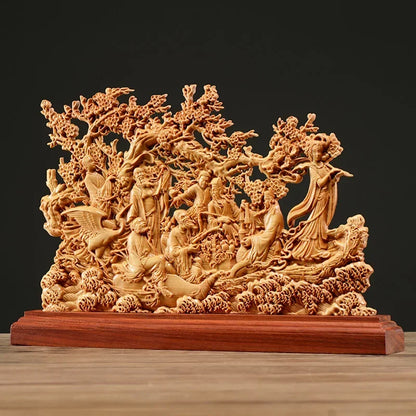33CM Thuja Wood Eight Immortals Sculpture Decor Hollow Wood God of Wealth High Carving Lucky Gift Home Decor