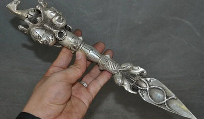 34cm Tibet Buddhism Tibetan silver Horse Head Buddha Tantra Vajra Dorje Phurba dagger off 50%