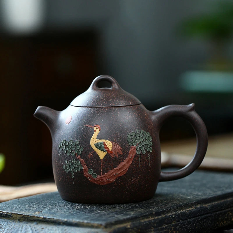 350ML Handcrafted Black Galaxy Kettle Yixing Clay Teapot Hand Painted Crane Pattern Meaning Health Longevity Suitable 2~5 People