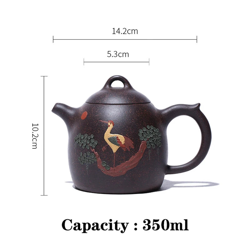 350ML Handcrafted Black Galaxy Kettle Yixing Clay Teapot Hand Painted Crane Pattern Meaning Health Longevity Suitable 2~5 People