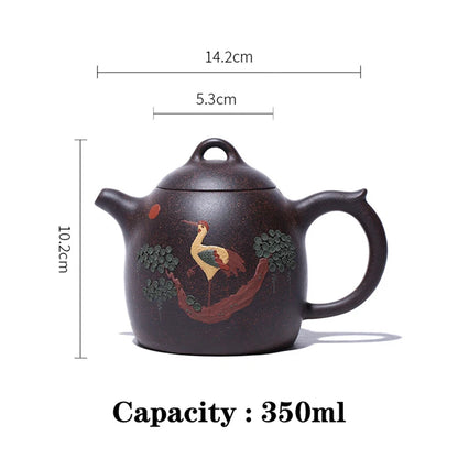 350ML Handcrafted Black Galaxy Kettle Yixing Clay Teapot Hand Painted Crane Pattern Meaning Health Longevity Suitable 2~5 People