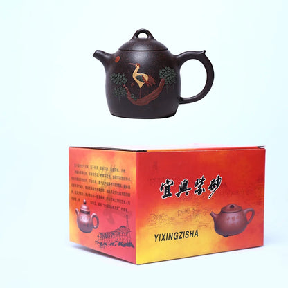 350ML Handcrafted Black Galaxy Kettle Yixing Clay Teapot Hand Painted Crane Pattern Meaning Health Longevity Suitable 2~5 People
