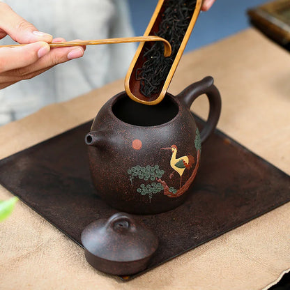 350ML Handcrafted Black Galaxy Kettle Yixing Clay Teapot Hand Painted Crane Pattern Meaning Health Longevity Suitable 2~5 People