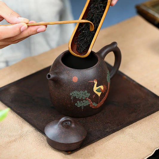350ML Handcrafted Black Galaxy Kettle Yixing Clay Teapot Hand Painted Crane Pattern Meaning Health Longevity Suitable 2~5 People