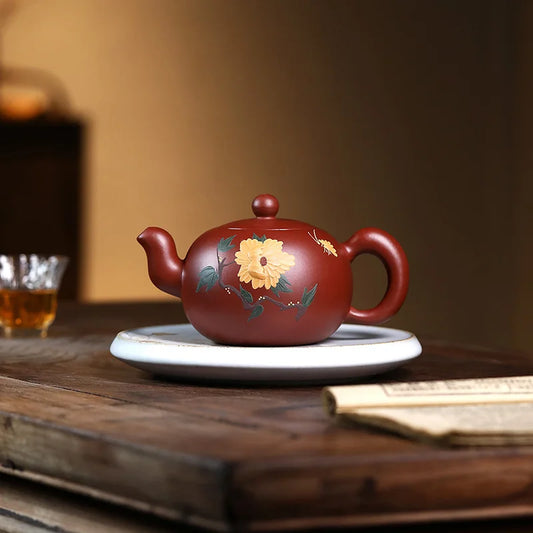 350ML Real Handmade Yixing Purple Clay Teapot Flower Hand-painted Raw Ore Dahongpao Mud Kettle Kung Fu Zisha Pu'er Teaware