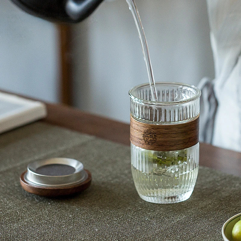 350ml Elegant Anti-scalding Bamboo Pad Glass Teapot Travel Separation Tea Set Portable Vertical Grain Tea Maker Cup with Filter