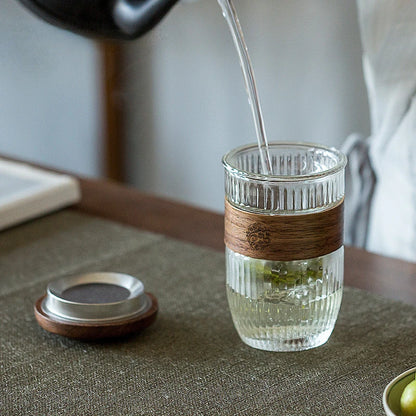 350ml Elegant Anti-scalding Bamboo Pad Glass Teapot Travel Separation Tea Set Portable Vertical Grain Tea Maker Cup with Filter