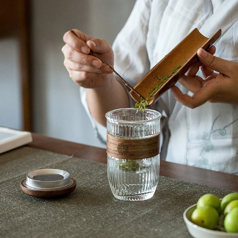 350ml Elegant Anti-scalding Bamboo Pad Glass Teapot Travel Separation Tea Set Portable Vertical Grain Tea Maker Cup with Filter