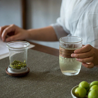 350ml Elegant Anti-scalding Bamboo Pad Glass Teapot Travel Separation Tea Set Portable Vertical Grain Tea Maker Cup with Filter