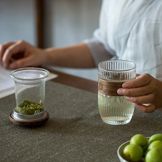 350ml Elegant Anti-scalding Bamboo Pad Glass Teapot Travel Separation Tea Set Portable Vertical Grain Tea Maker Cup with Filter
