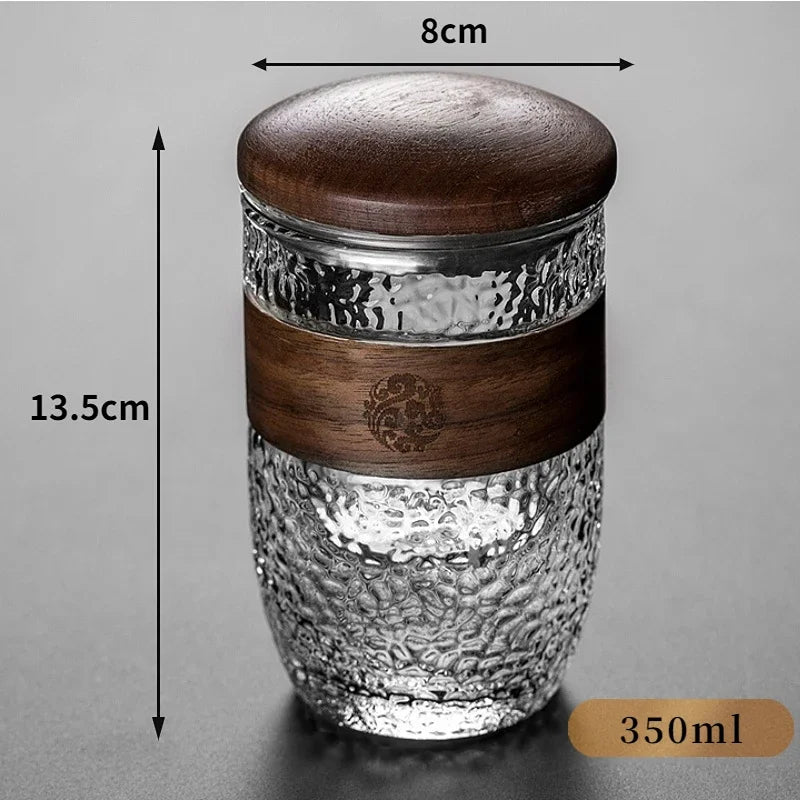 350ml Elegant Anti-scalding Bamboo Pad Glass Teapot Travel Separation Tea Set Portable Vertical Grain Tea Maker Cup with Filter