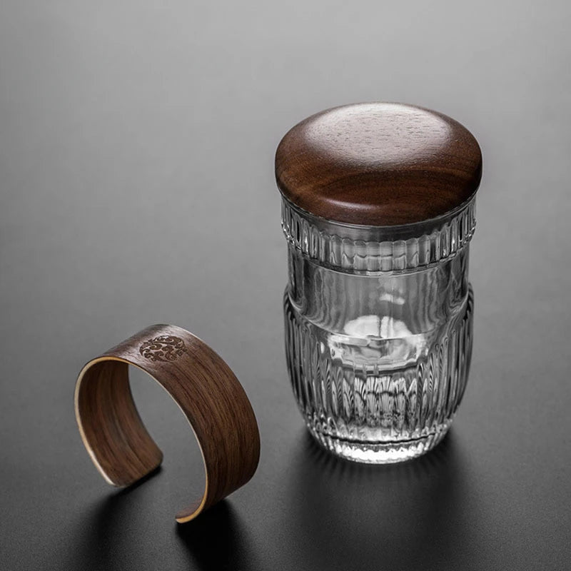 350ml Elegant Anti-scalding Bamboo Pad Glass Teapot Travel Separation Tea Set Portable Vertical Grain Tea Maker Cup with Filter