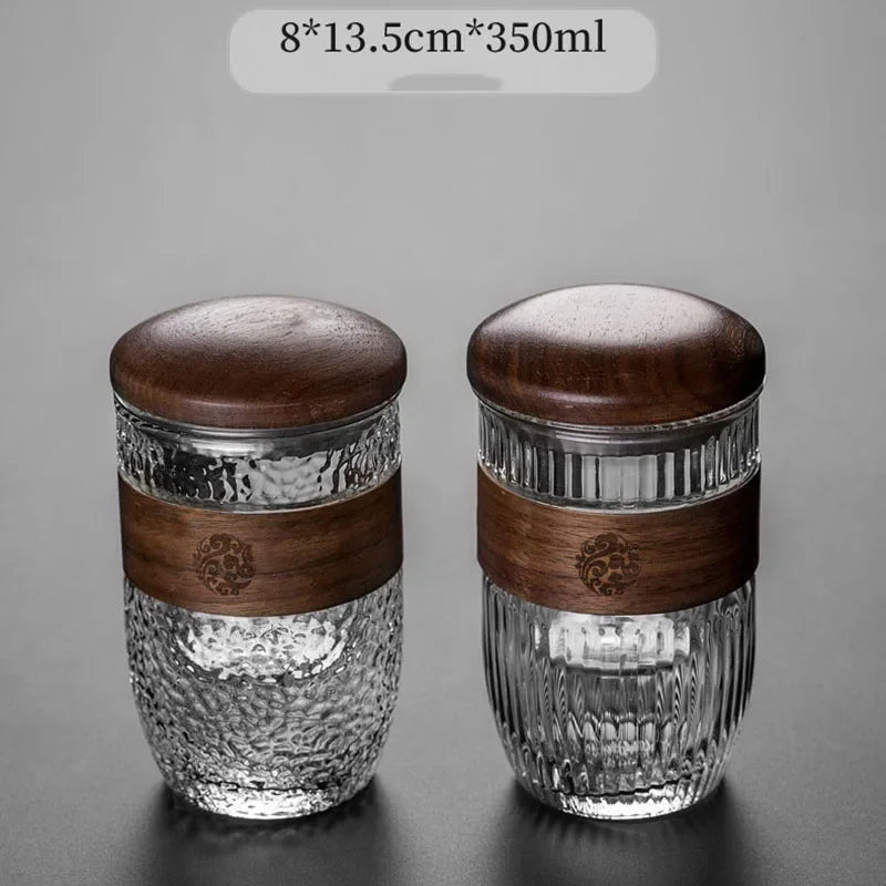 350ml Elegant Anti-scalding Bamboo Pad Glass Teapot Travel Separation Tea Set Portable Vertical Grain Tea Maker Cup with Filter