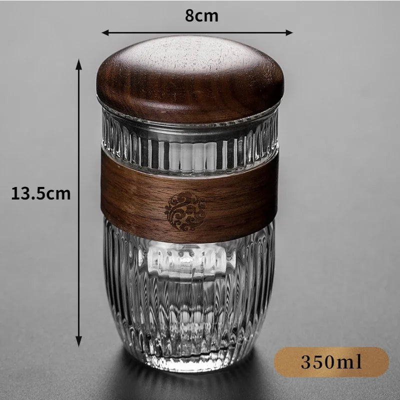 350ml Elegant Anti-scalding Bamboo Pad Glass Teapot Travel Separation Tea Set Portable Vertical Grain Tea Maker Cup with Filter