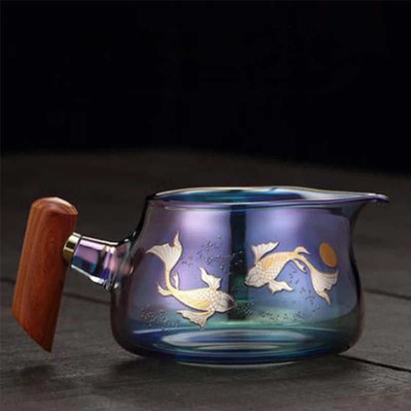 350ml Glass Wood Handle Color Burn Fair Cup Thickened Glass Side Handle Male Cup Home Tea Dispenser Tea Sea Kung Fu Tea Set