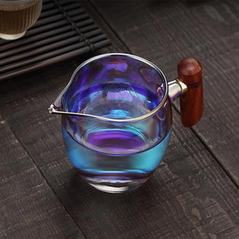 350ml Glass Wood Handle Color Burn Fair Cup Thickened Glass Side Handle Male Cup Home Tea Dispenser Tea Sea Kung Fu Tea Set