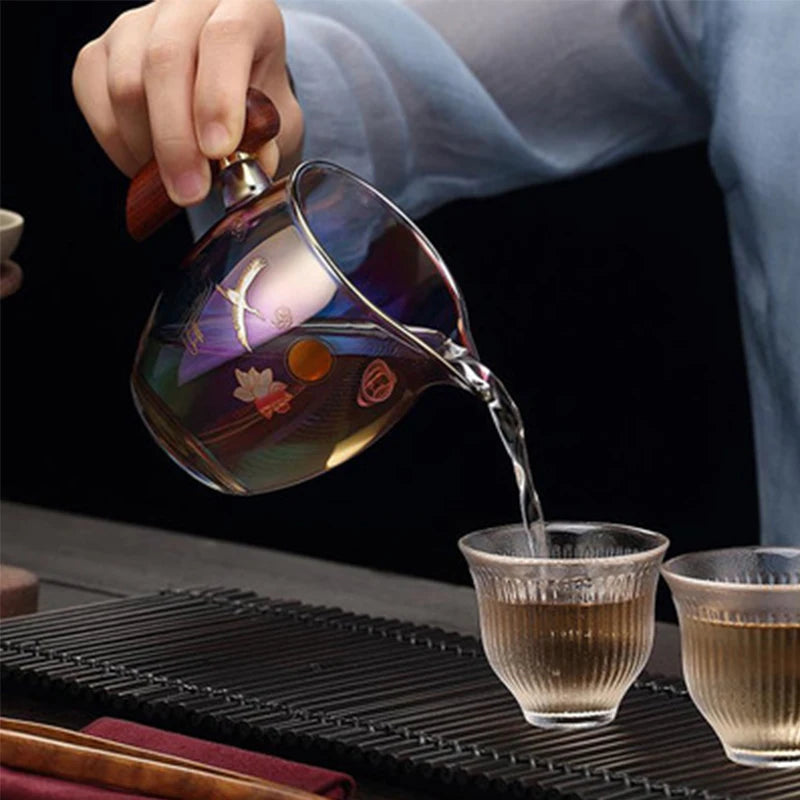 350ml Glass Wood Handle Color Burn Fair Cup Thickened Glass Side Handle Male Cup Home Tea Dispenser Tea Sea Kung Fu Tea Set
