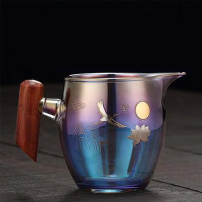 350ml Glass Wood Handle Color Burn Fair Cup Thickened Glass Side Handle Male Cup Home Tea Dispenser Tea Sea Kung Fu Tea Set