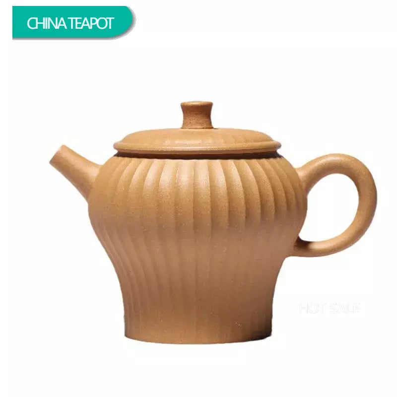 230ml Chinese Yixing Purple Clay Teapots Famous Handmade Stripe Shape Tea Pot Raw Ore Gold Section Mud Kettle Zisha Tea Set