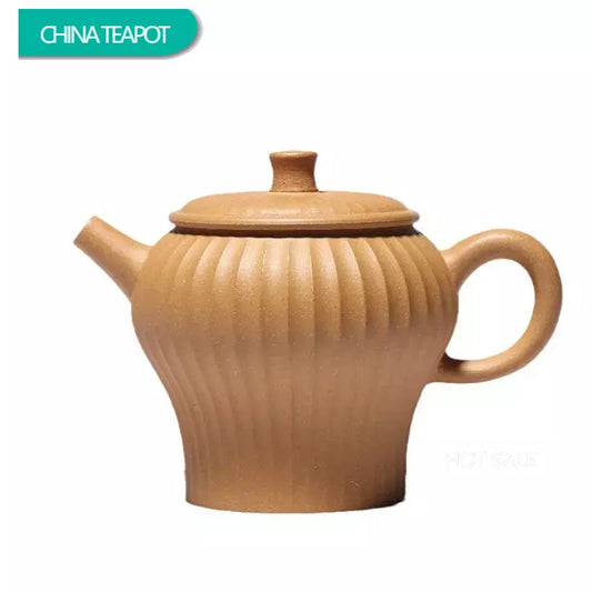 230ml Chinese Yixing Purple Clay Teapots Famous Handmade Stripe Shape Tea Pot Raw Ore Gold Section Mud Kettle Zisha Tea Set