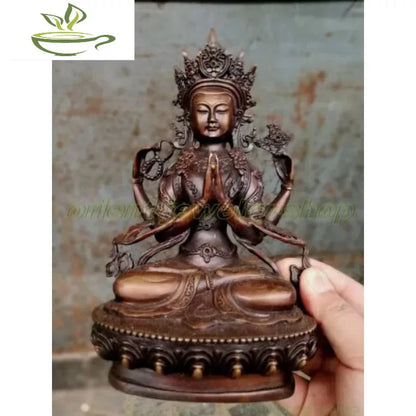 Old Tibet bronze buddha statues Pray Safeness Divinity 4 arms goddess Kwan-yin