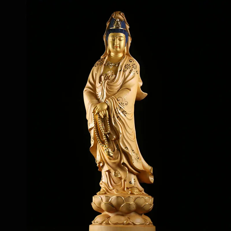 35cm Solid Wood Wood Carving Crafts Buddha Ornaments Hand-painted Gold Painted Guanyin Bodhisattva Statue