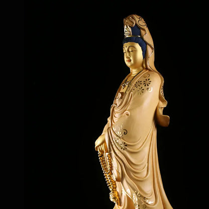 35cm Solid Wood Wood Carving Crafts Buddha Ornaments Hand-painted Gold Painted Guanyin Bodhisattva Statue