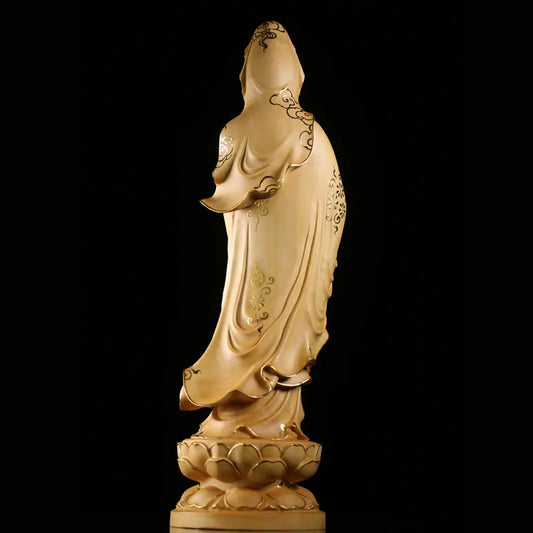35cm Solid Wood Wood Carving Crafts Buddha Ornaments Hand-painted Gold Painted Guanyin Bodhisattva Statue