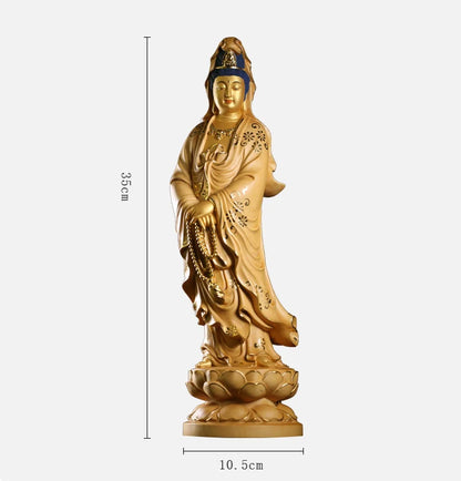 35cm Solid Wood Wood Carving Crafts Buddha Ornaments Hand-painted Gold Painted Guanyin Bodhisattva Statue