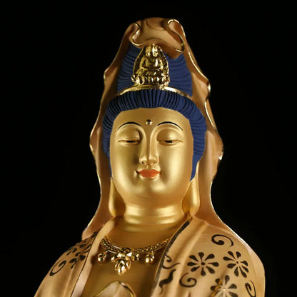 35cm Solid Wood Wood Carving Crafts Buddha Ornaments Hand-painted Gold Painted Guanyin Bodhisattva Statue