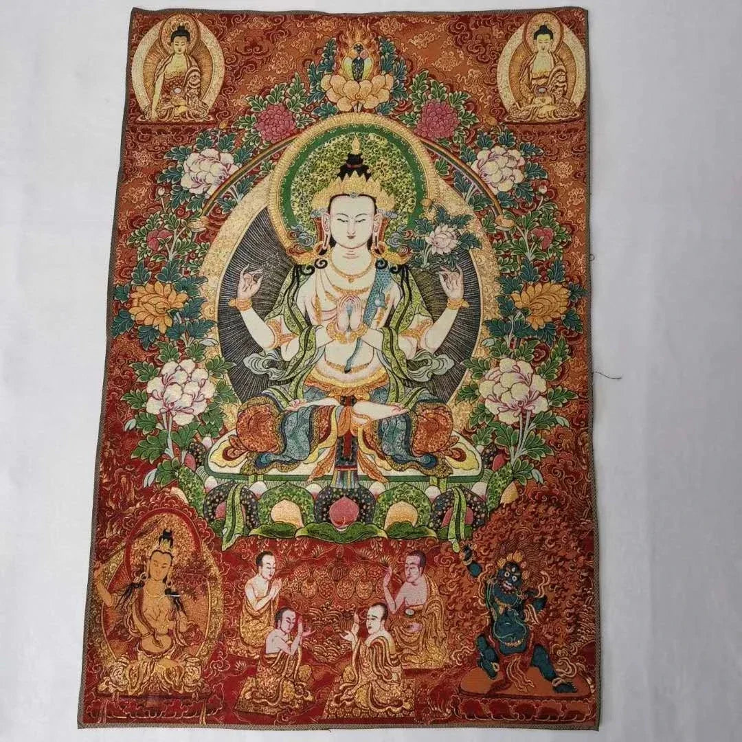 36" Tibet Tibetan Cloth Silk 4 Arm Guanyin Kwan-yin Tangka Thangka Mural