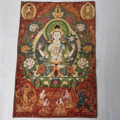 36" Tibet Tibetan Cloth Silk 4 Arm Guanyin Kwan-yin Tangka Thangka Mural