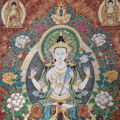36" Tibet Tibetan Cloth Silk 4 Arm Guanyin Kwan-yin Tangka Thangka Mural