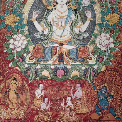 36" Tibet Tibetan Cloth Silk 4 Arm Guanyin Kwan-yin Tangka Thangka Mural